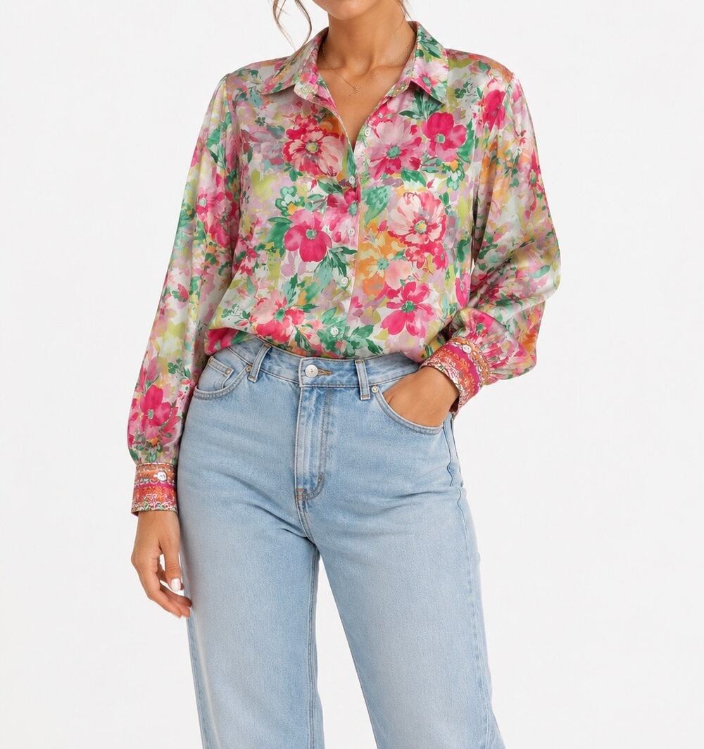 Current Air Floral Satin Button-Up Blouse in Vibrant Pink and Green Size XS